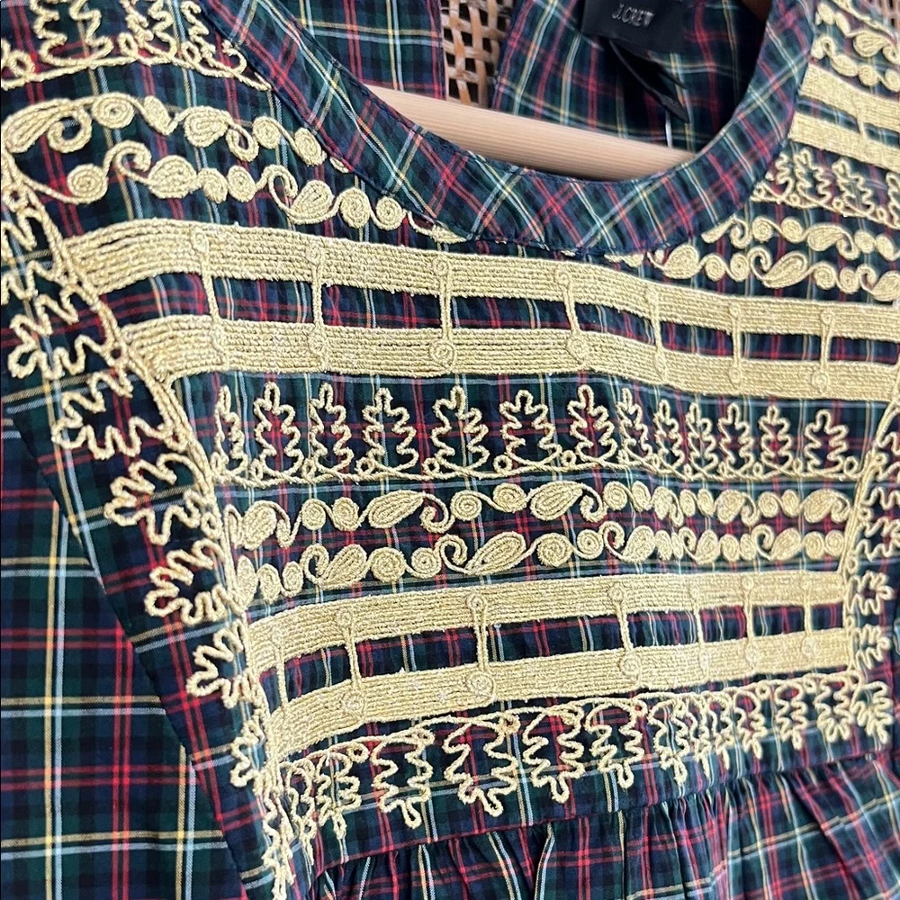 NWT J.Crew Embroidered in Gold Holiday Plaid Peasant Blouse Top PXS